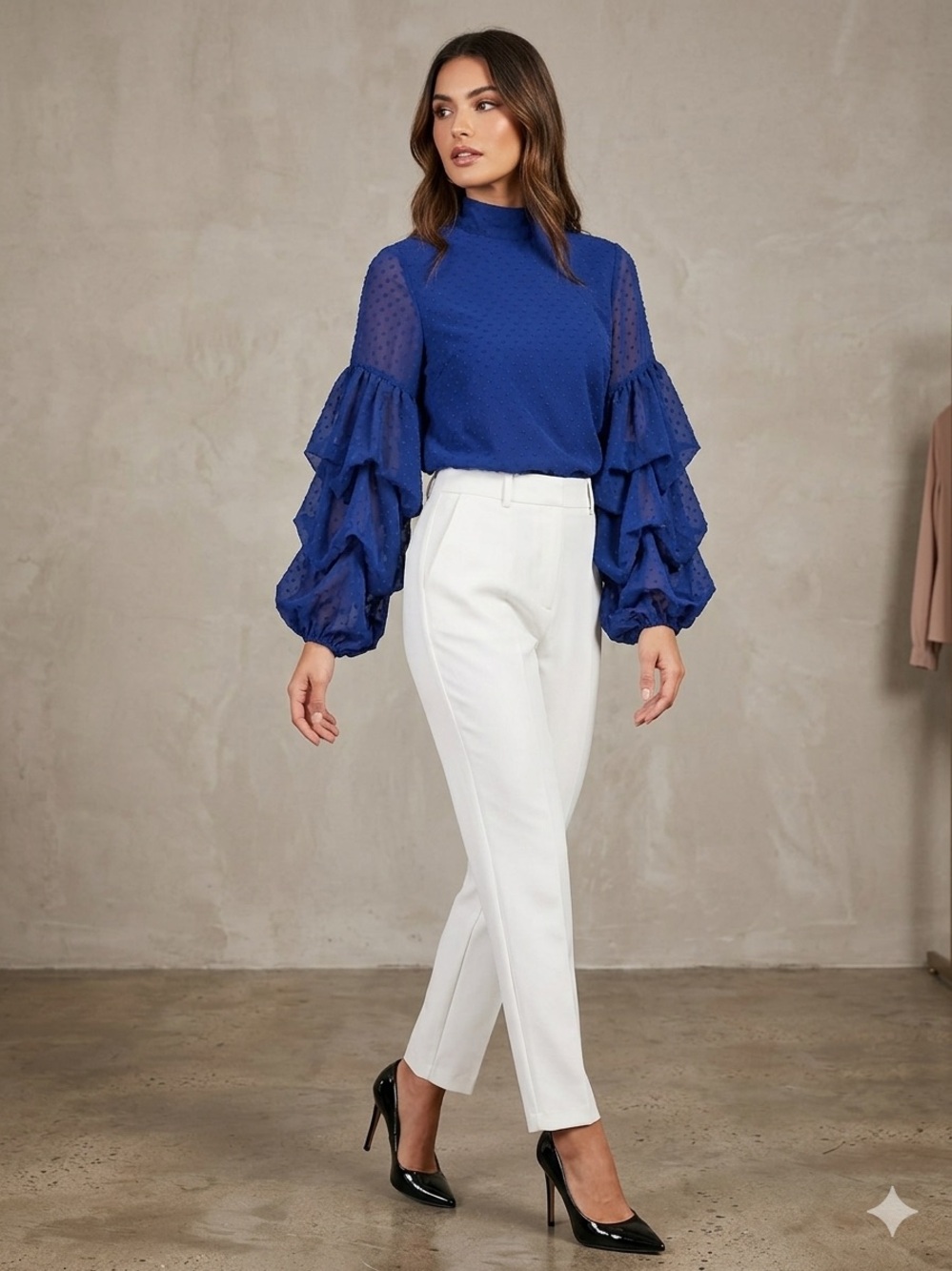 H&M Wide Plumeti Ruffle Sleeve Blouse Mock Neck Cobalt Blue Chiffon  US 2 EUC